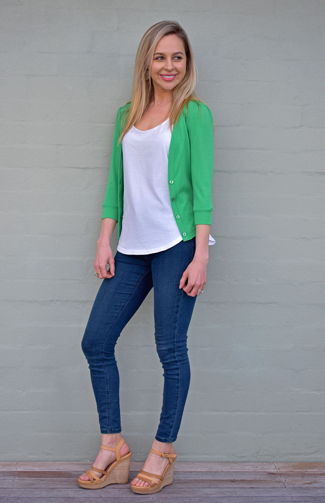 Kelly Green Women's Merino Wool Crop Cardigan with 3/4 Sleeves
