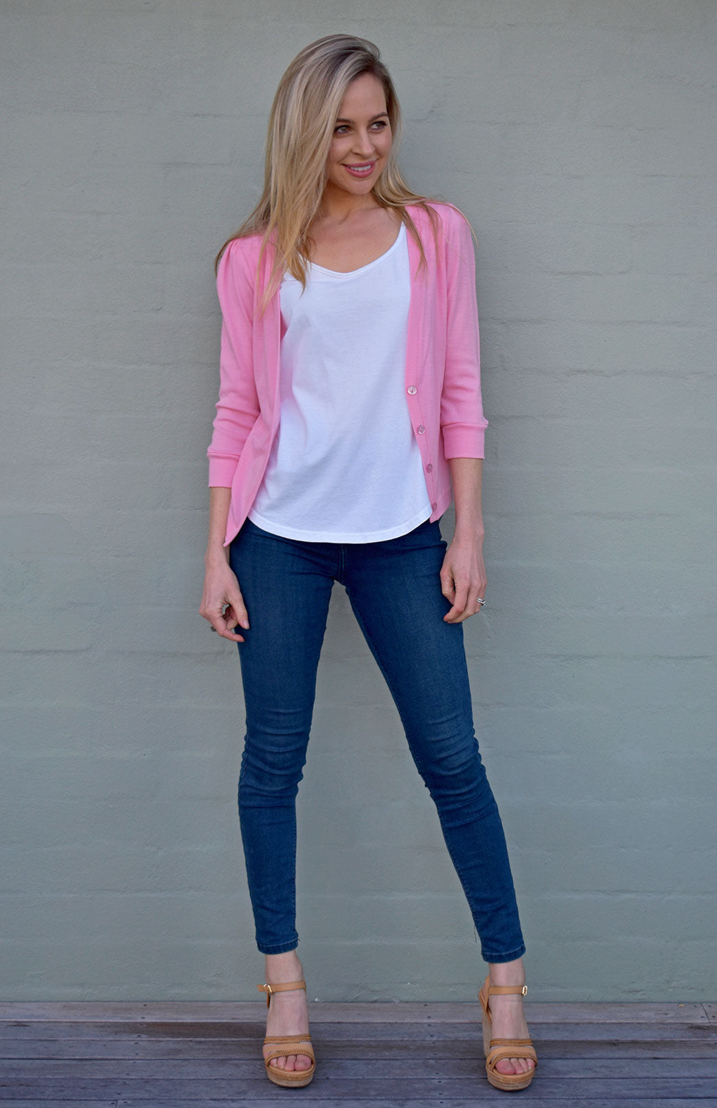 Carnation Pink Women's Merino Wool Crop Cardigan with 3/4 Sleeves