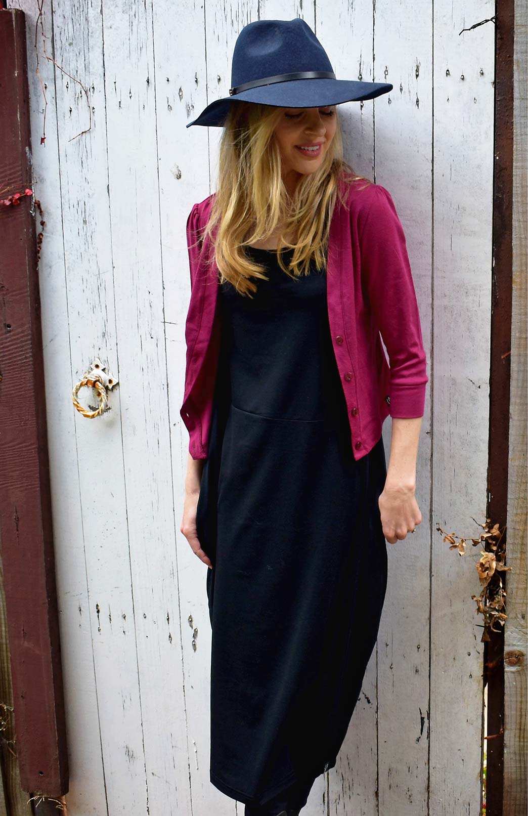 Rhoda Magenta Women's Merino Wool Crop Cardigan with 3/4 Sleeves