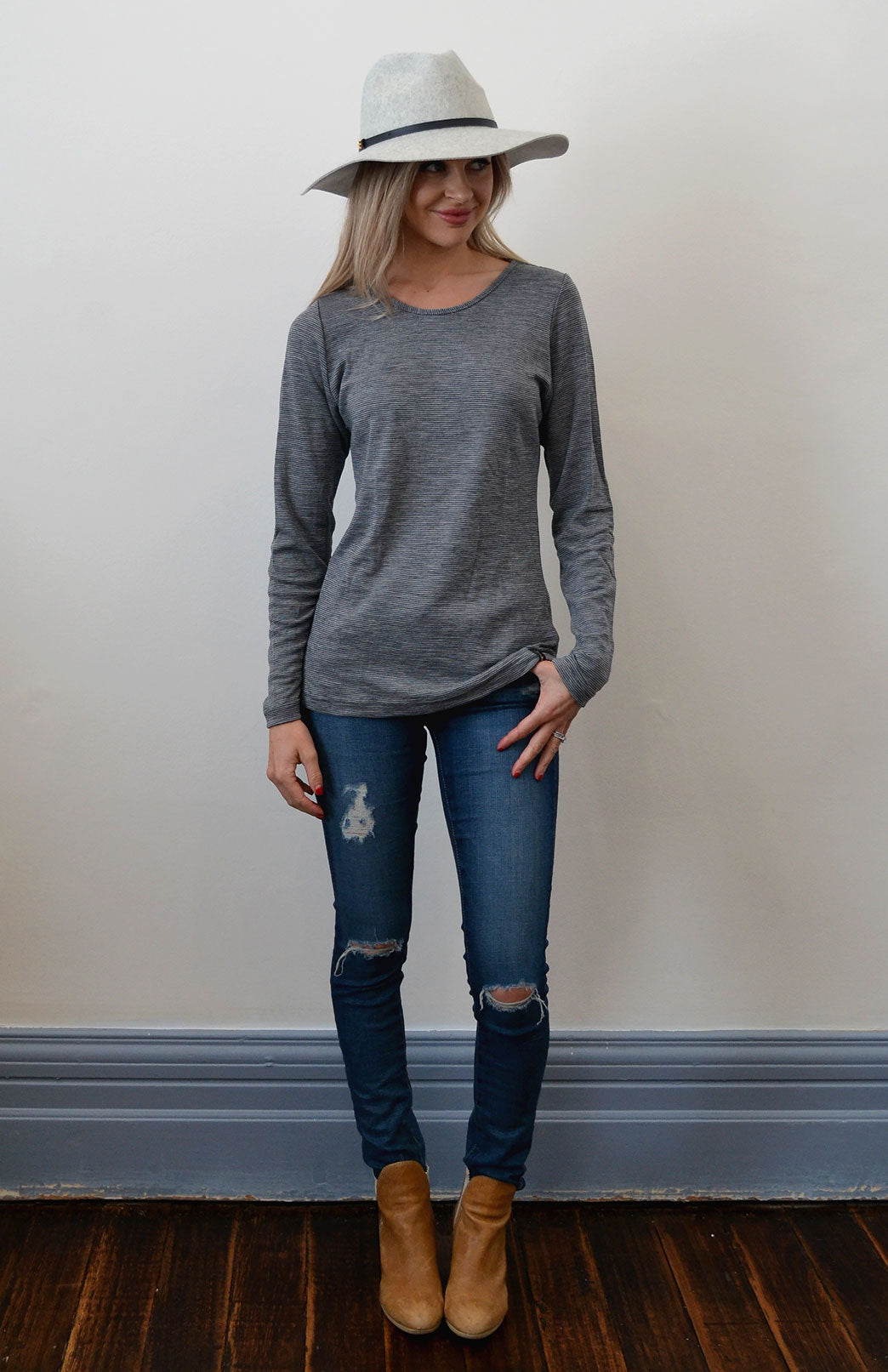 Grey Pinstripe Women's Merino Wool Long Sleeve Relax Fit Pyjama Top