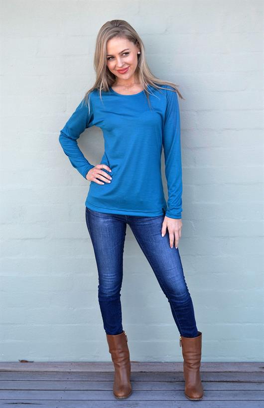 Dragonfly Teal Women&#39;s Merino Wool Long Sleeve Fashion &amp;amp; Layering Top

