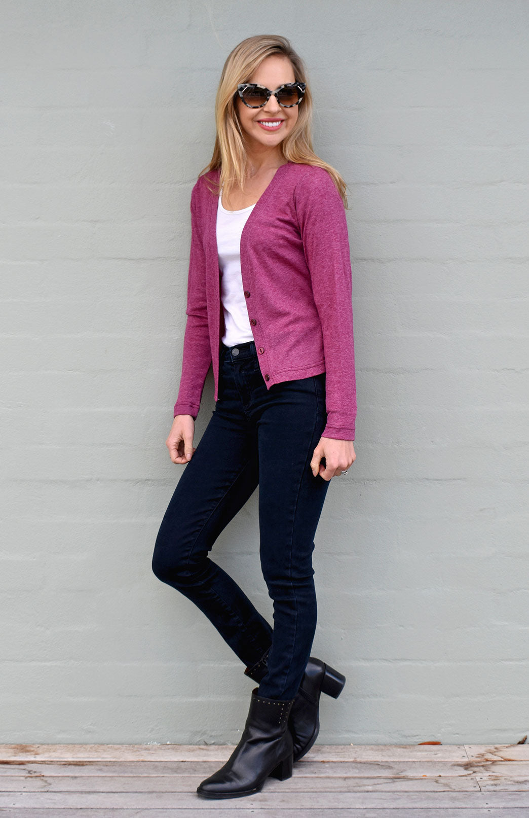 Boysenberry Marl Women's Cropped Cardigan with Long Sleeves