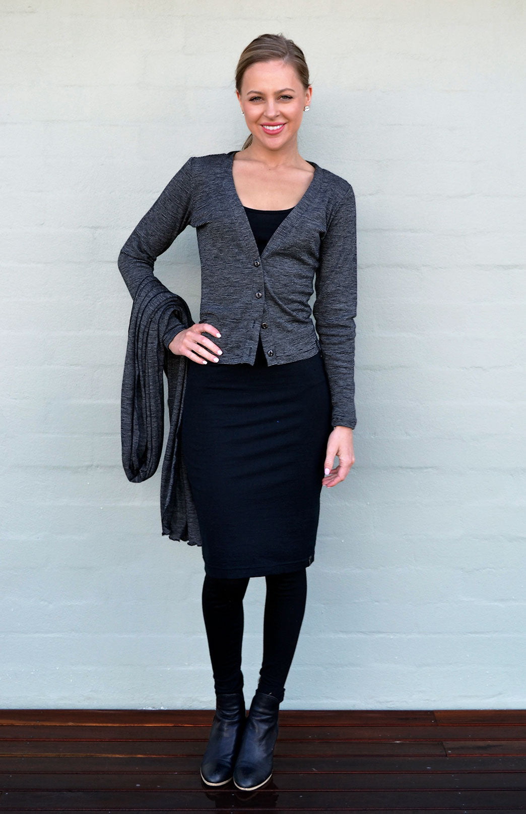 Black Pinstripe Women's Cropped Cardigan with Long Sleeves