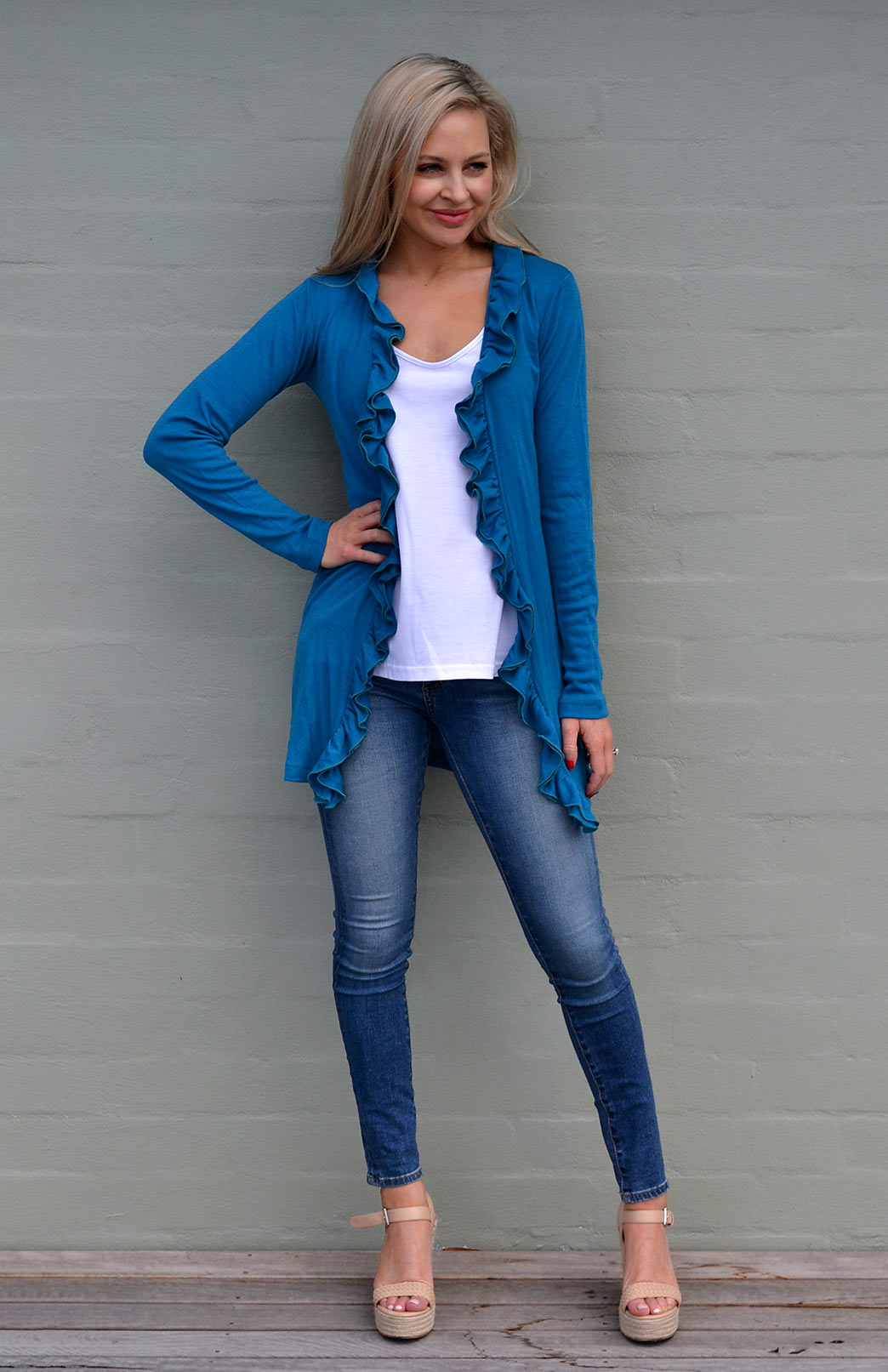 Ruffled Cardigan Women's Merino Wool Cardigan with Ruffled Collar