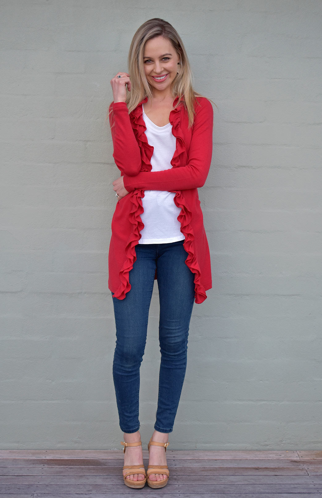 Scarlet Red Women's Merino Wool Cardigan with Ruffled Collar
