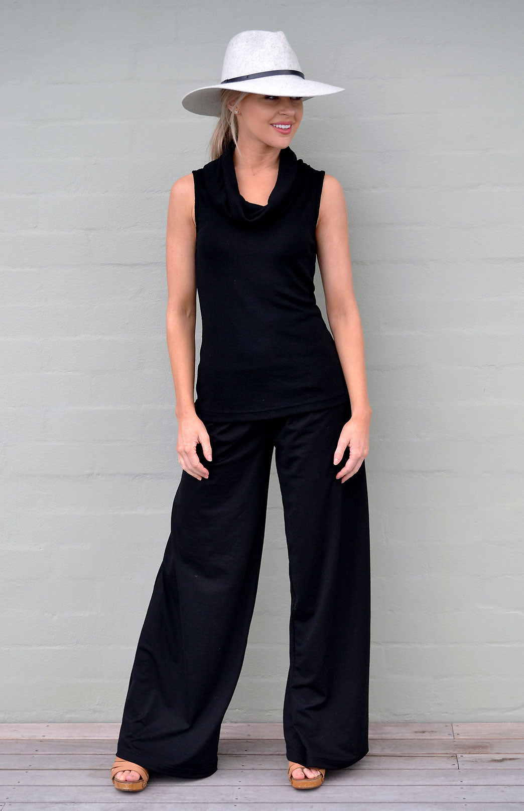 Black Women's Merino Wool Sleeveless Top with Cowl Neckline