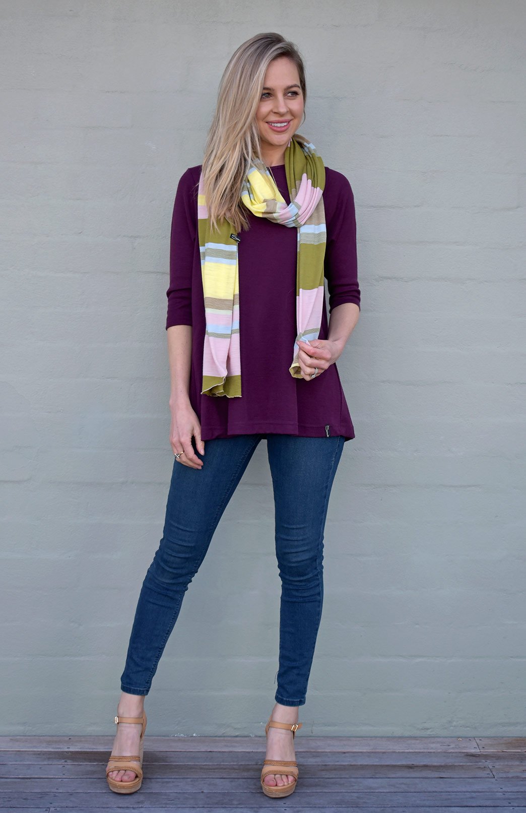 Aubergine Purple Women's Merino Wool Flutter Top with 3/4 Sleeves