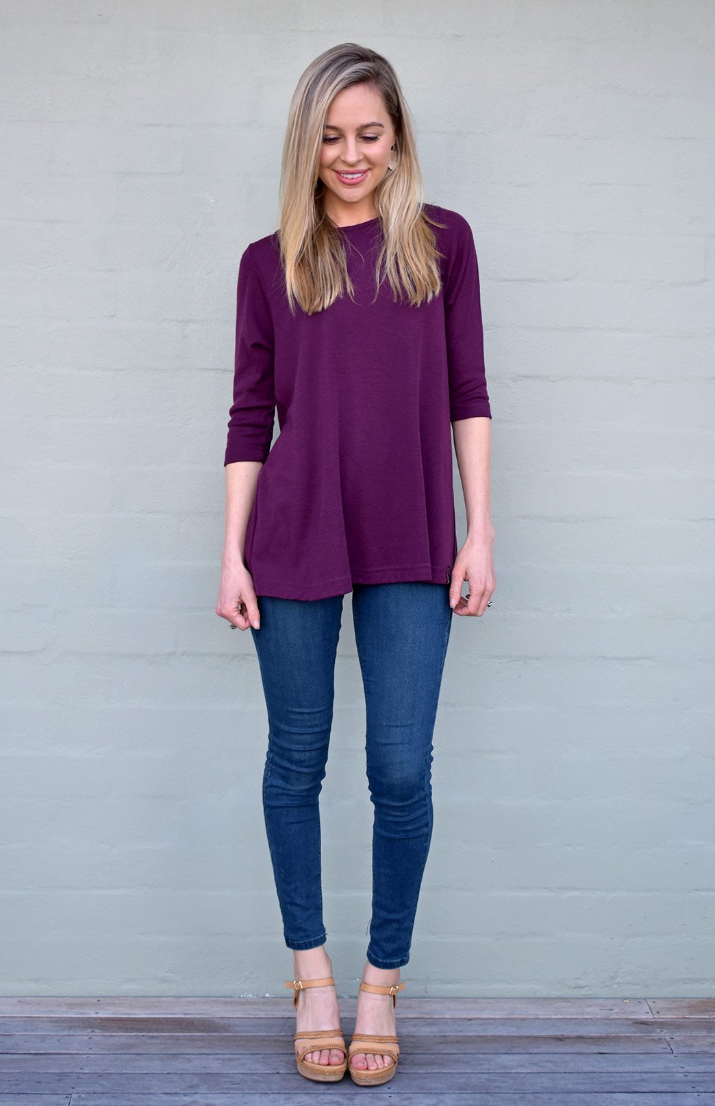 Aubergine Purple Women's Merino Wool Flutter Top with 3/4 Sleeves
