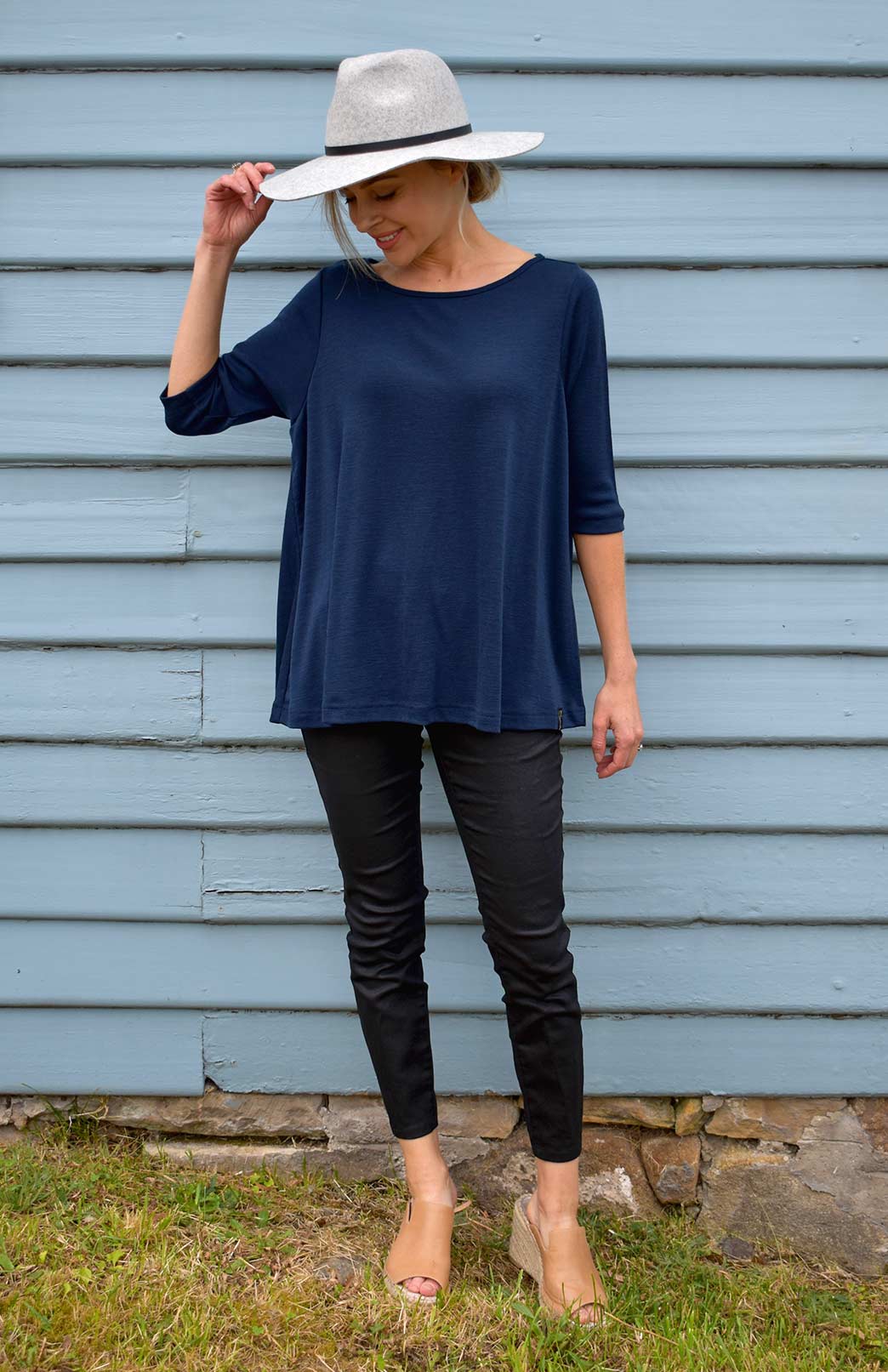 French Navy Blue Women's Merino Wool Flutter Top with 3/4 Sleeves