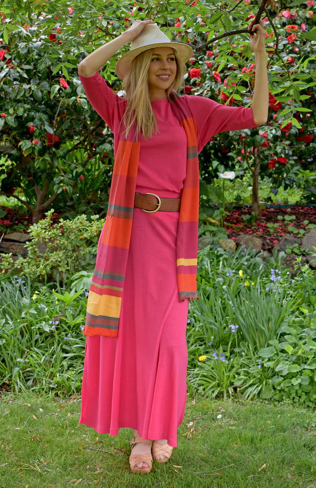 Lipstick Pink Women's Merino Wool Midweight A-Line Midi Skirt