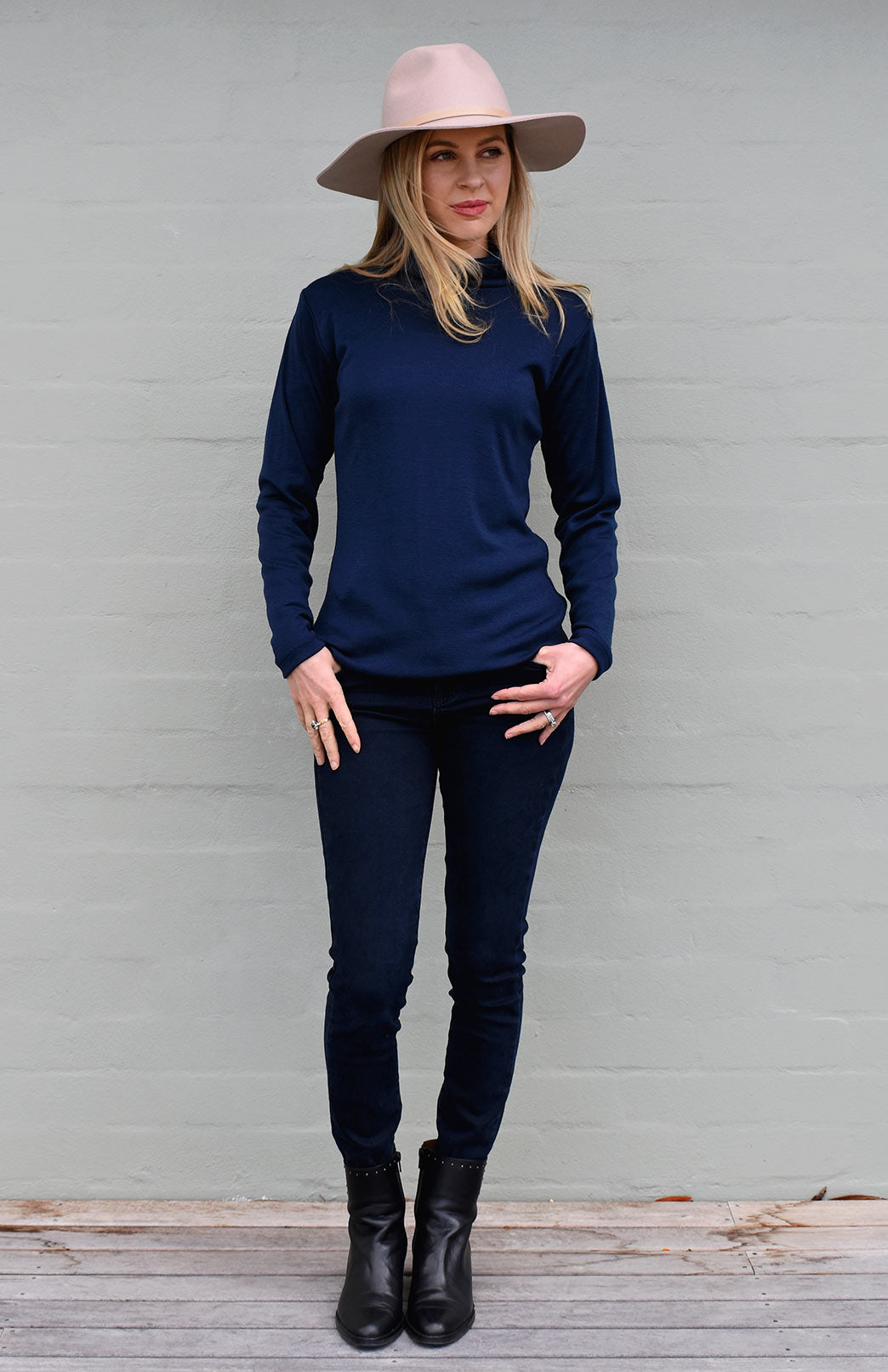 French Navy Blue Women's Merino Wool Long Sleeve Top