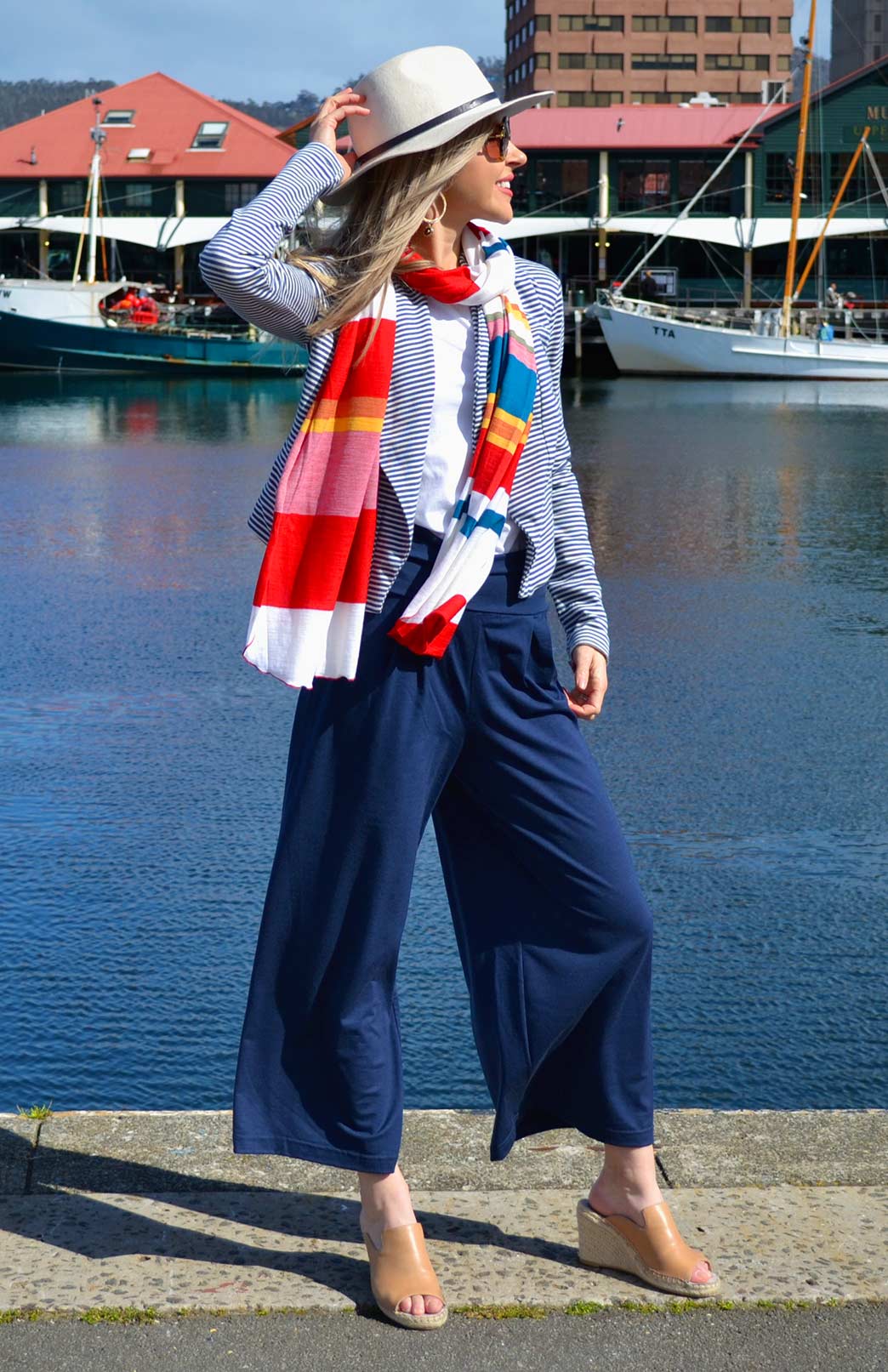 French Navy Blue Women's Merino Wool Crop Pants with Wide Leg in jersey fabric 