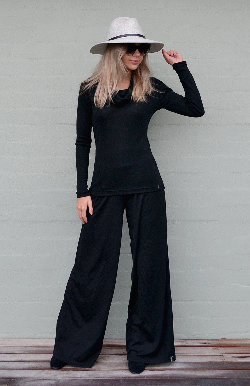 Black Women's Merino Wool Cowl Neck Top with Long Sleeves