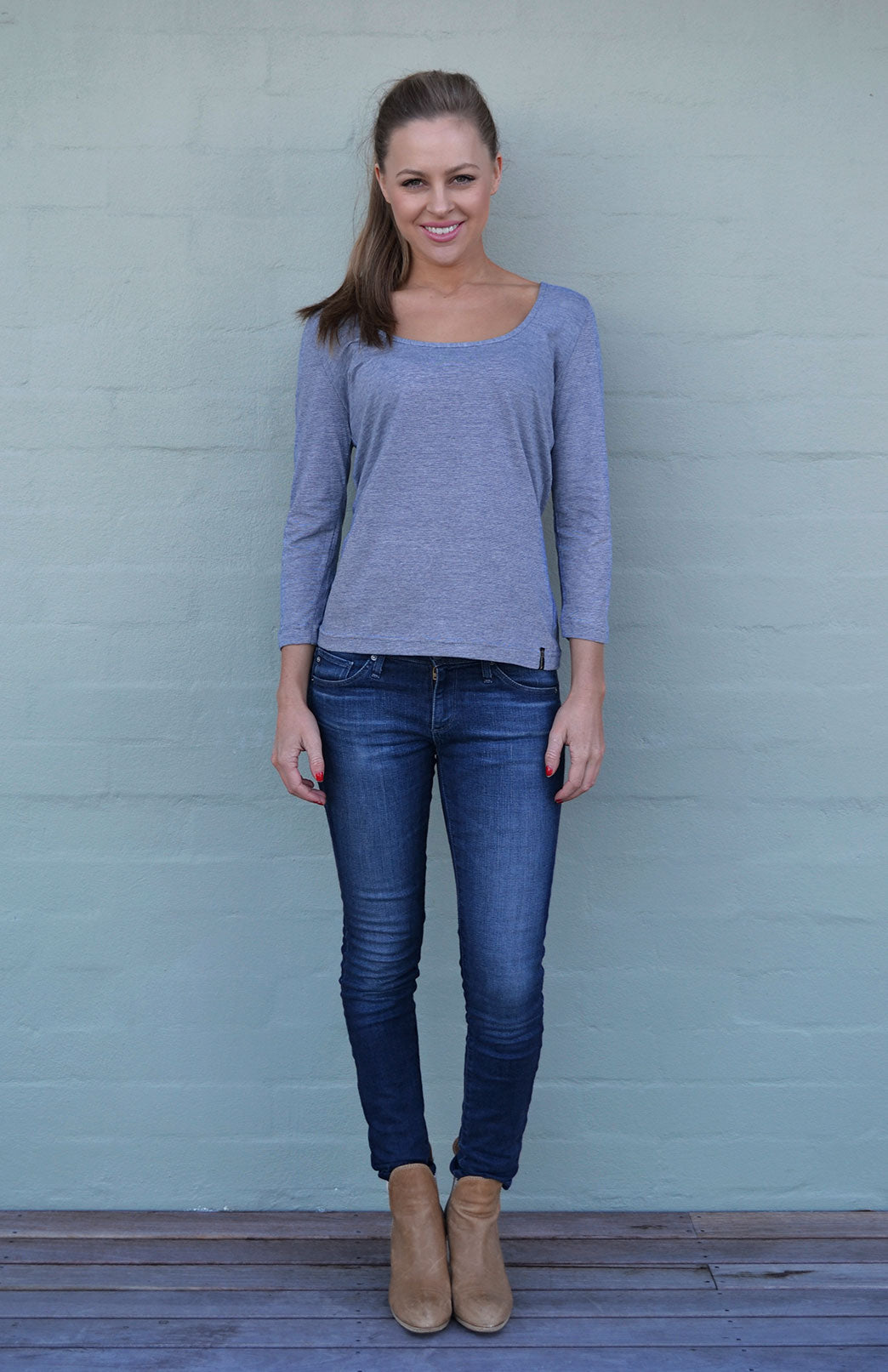 Blue Night Pinstripe Women's Merino Wool Super Scoop Neck Fashion Top