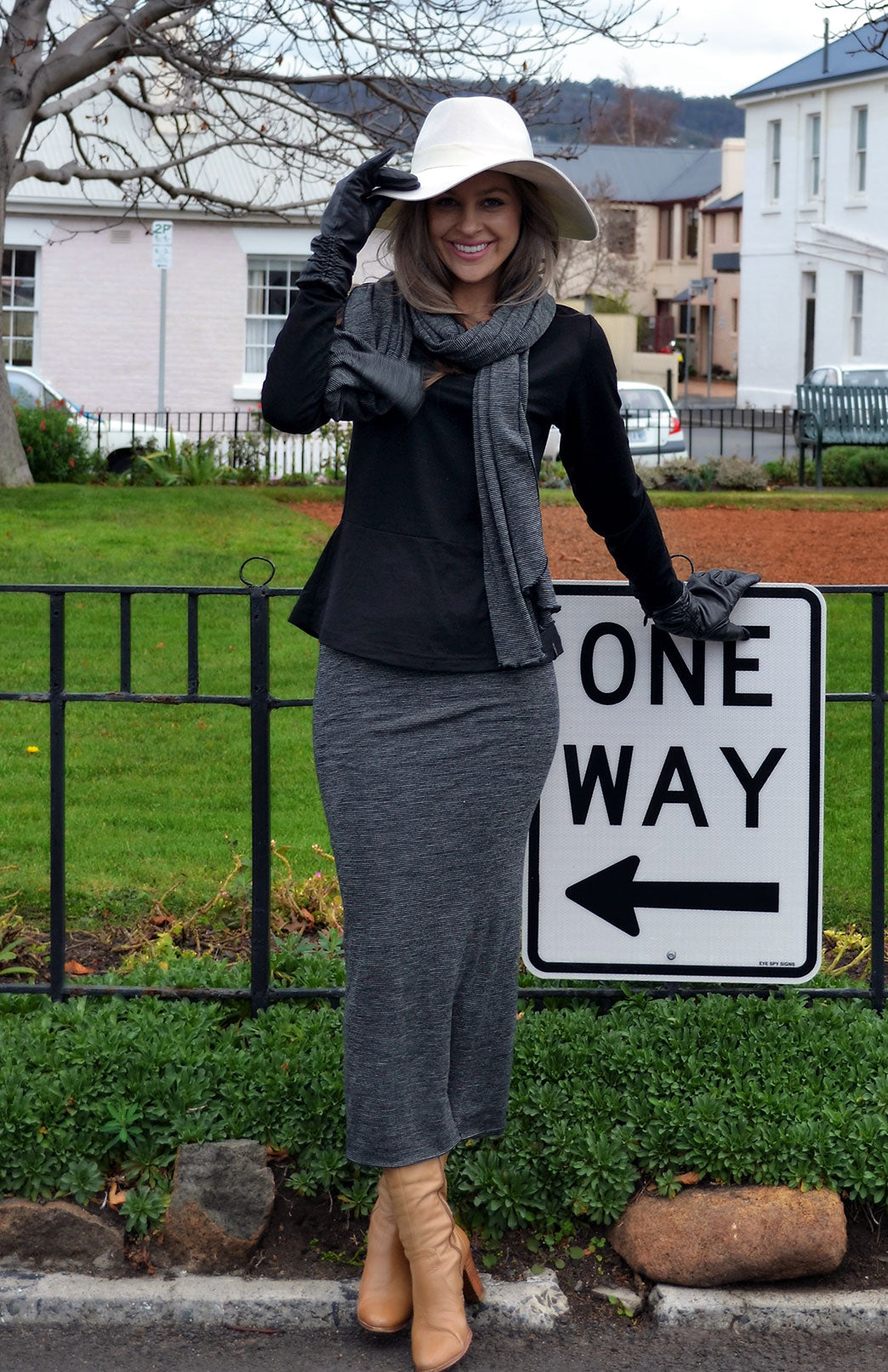 Black Pinstripe Women's Merino Wool Long Tube Skirt