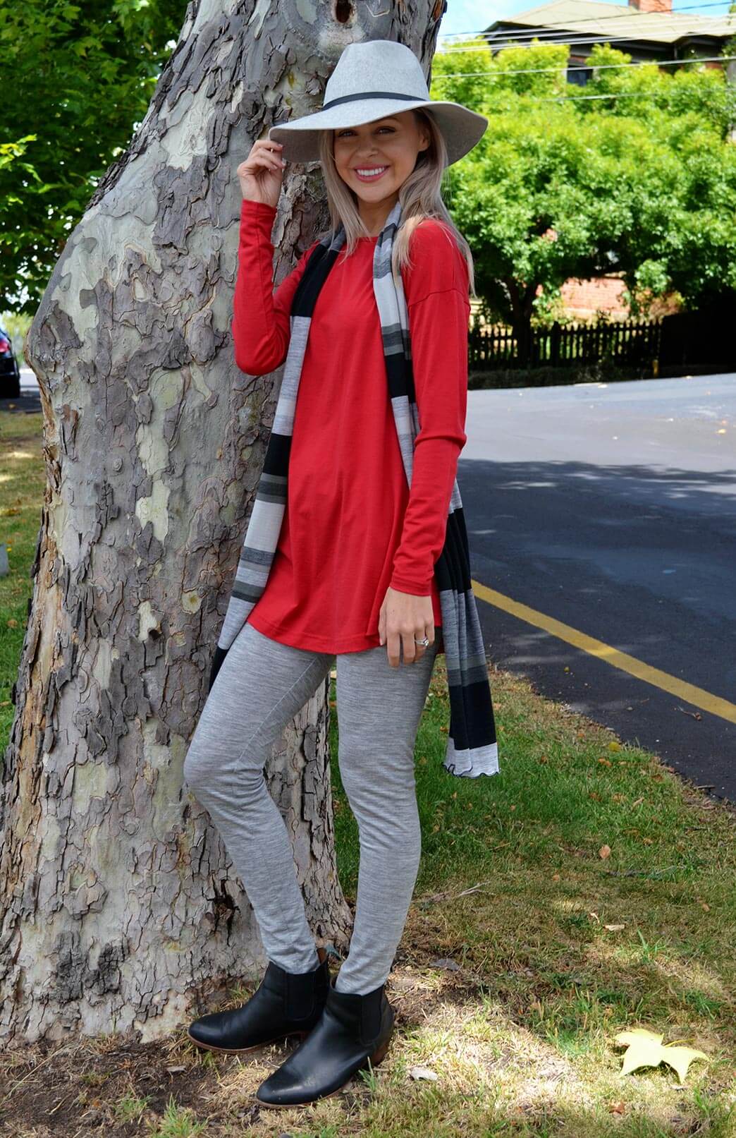 Flame Red Women's Merino Wool Long Sleeve Boat Neck Top