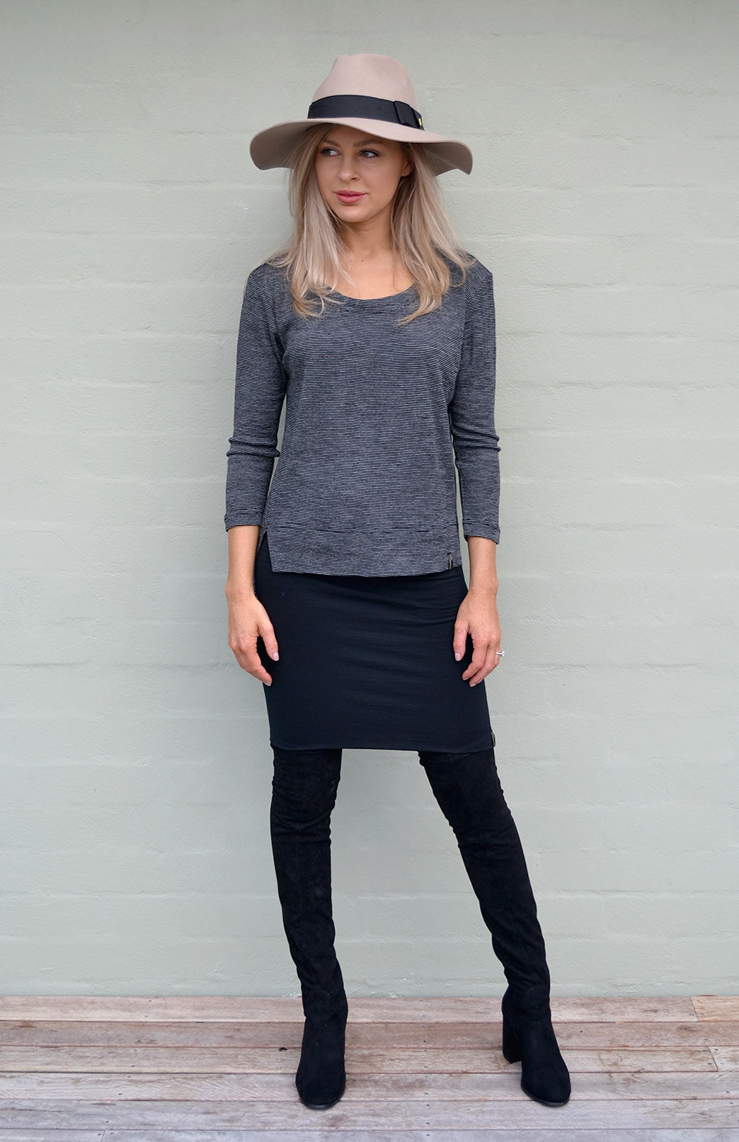 Black Pinstripe Women's Merino Wool High-Low Top with 3/4 Sleeves
