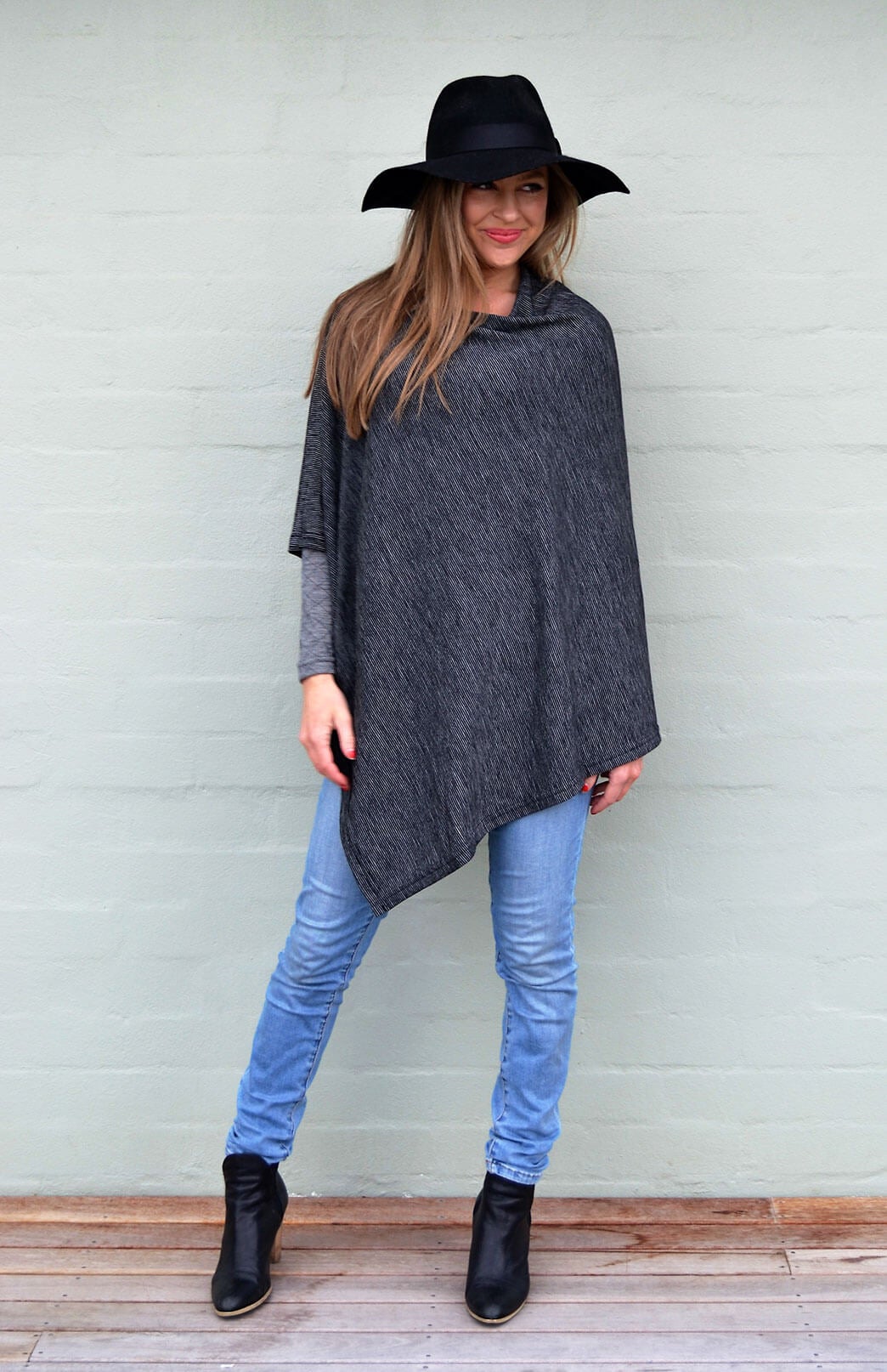 Black Pinstripe Women's Merino Wool Plain Poncho