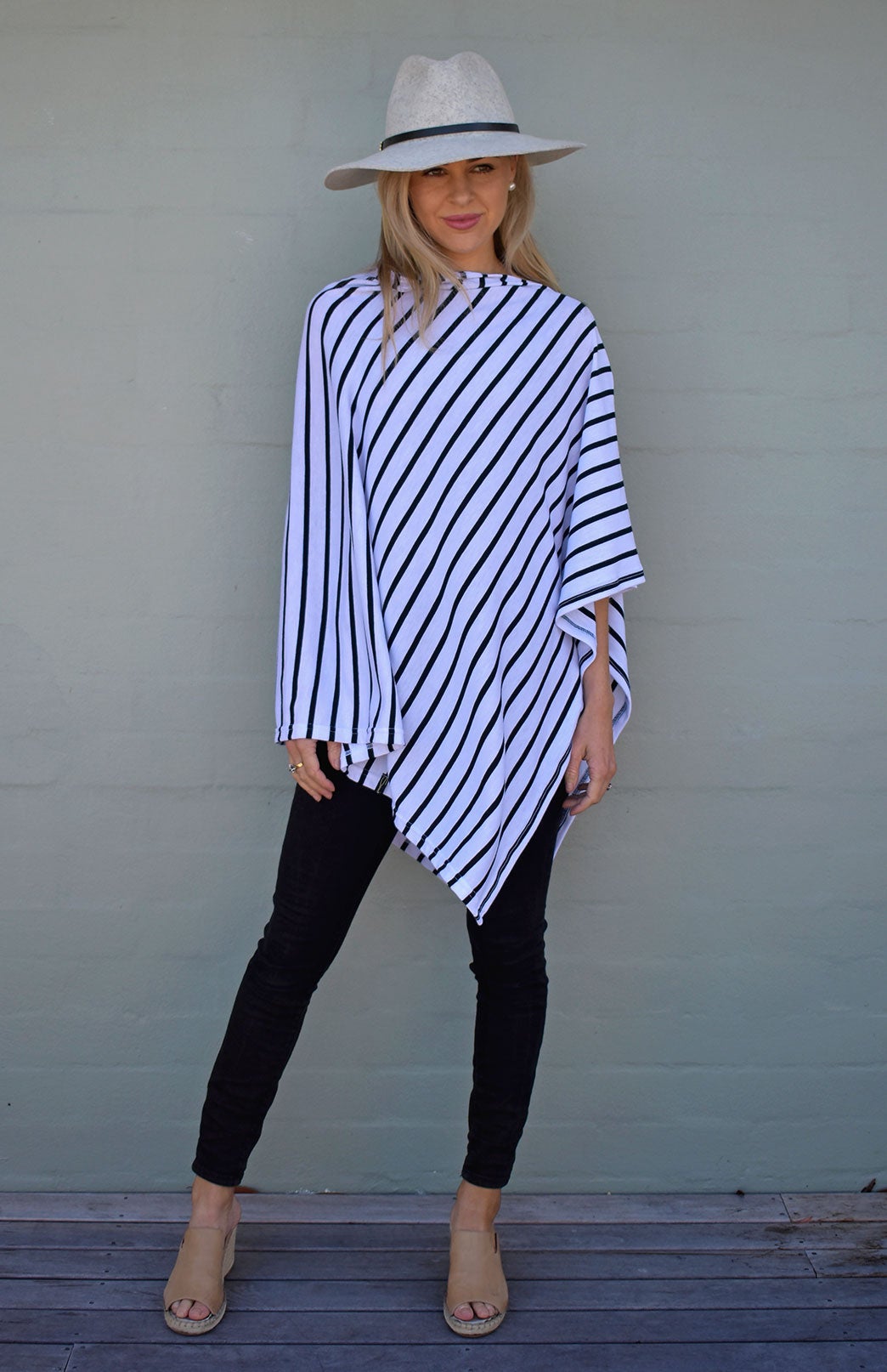 White & Black French Stripe Women's Merino Wool Plain Poncho