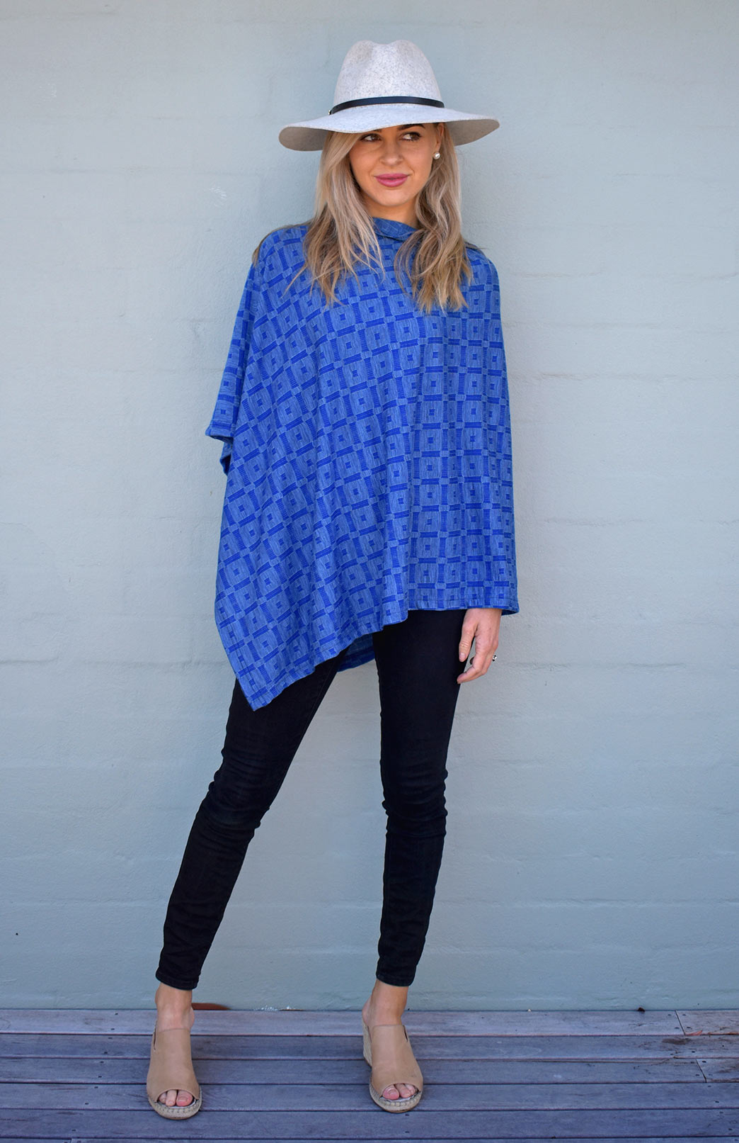 Royal Blue Check Women&#39;s Merino Wool Patterned Poncho
