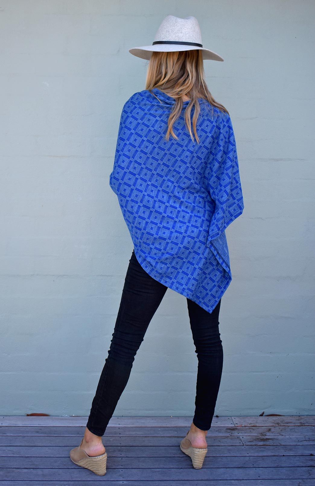 Royal Blue Check Women&#39;s Merino Wool Patterned Poncho
