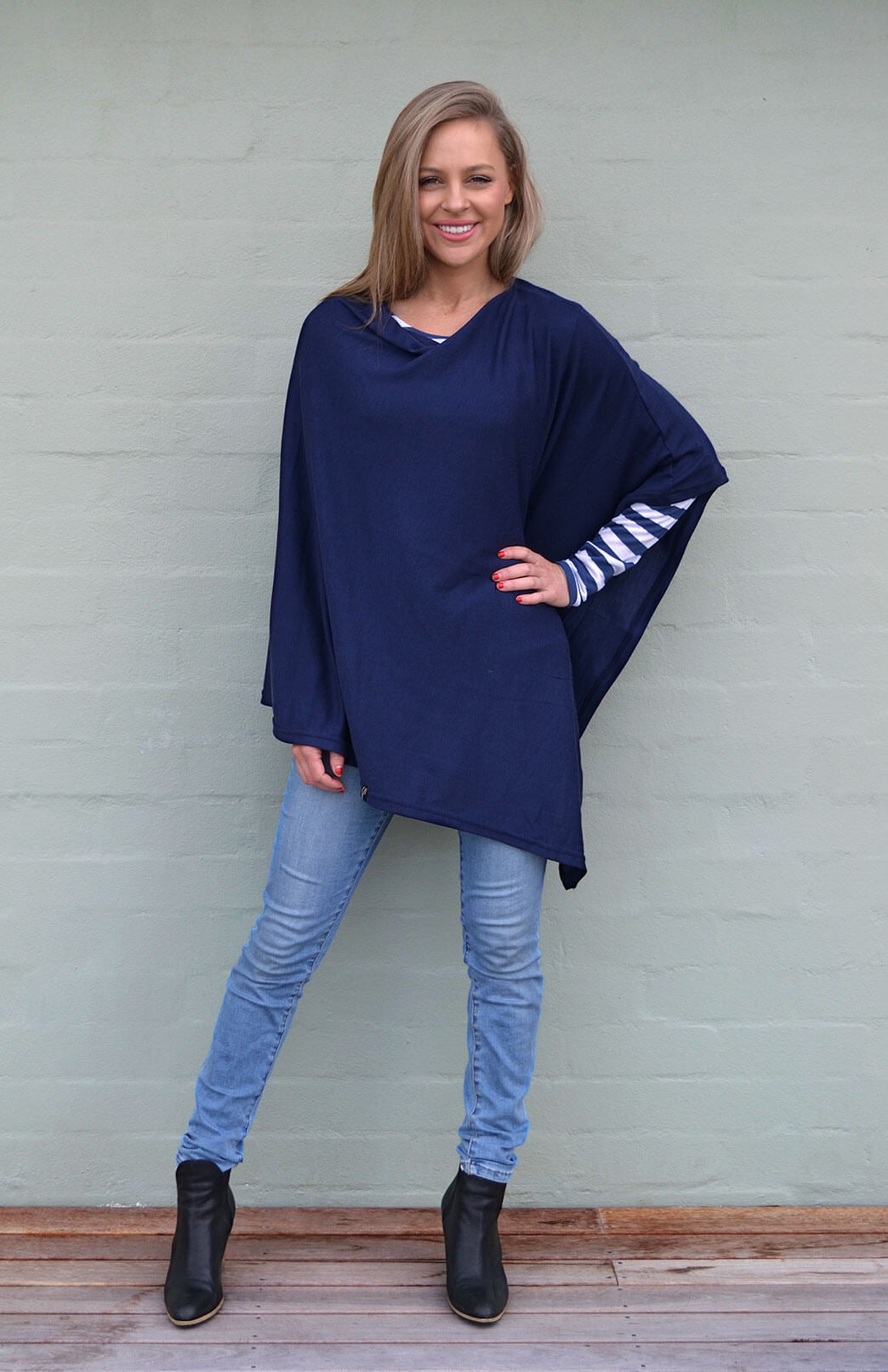 French Navy Blue Women's Merino Wool Plain Poncho