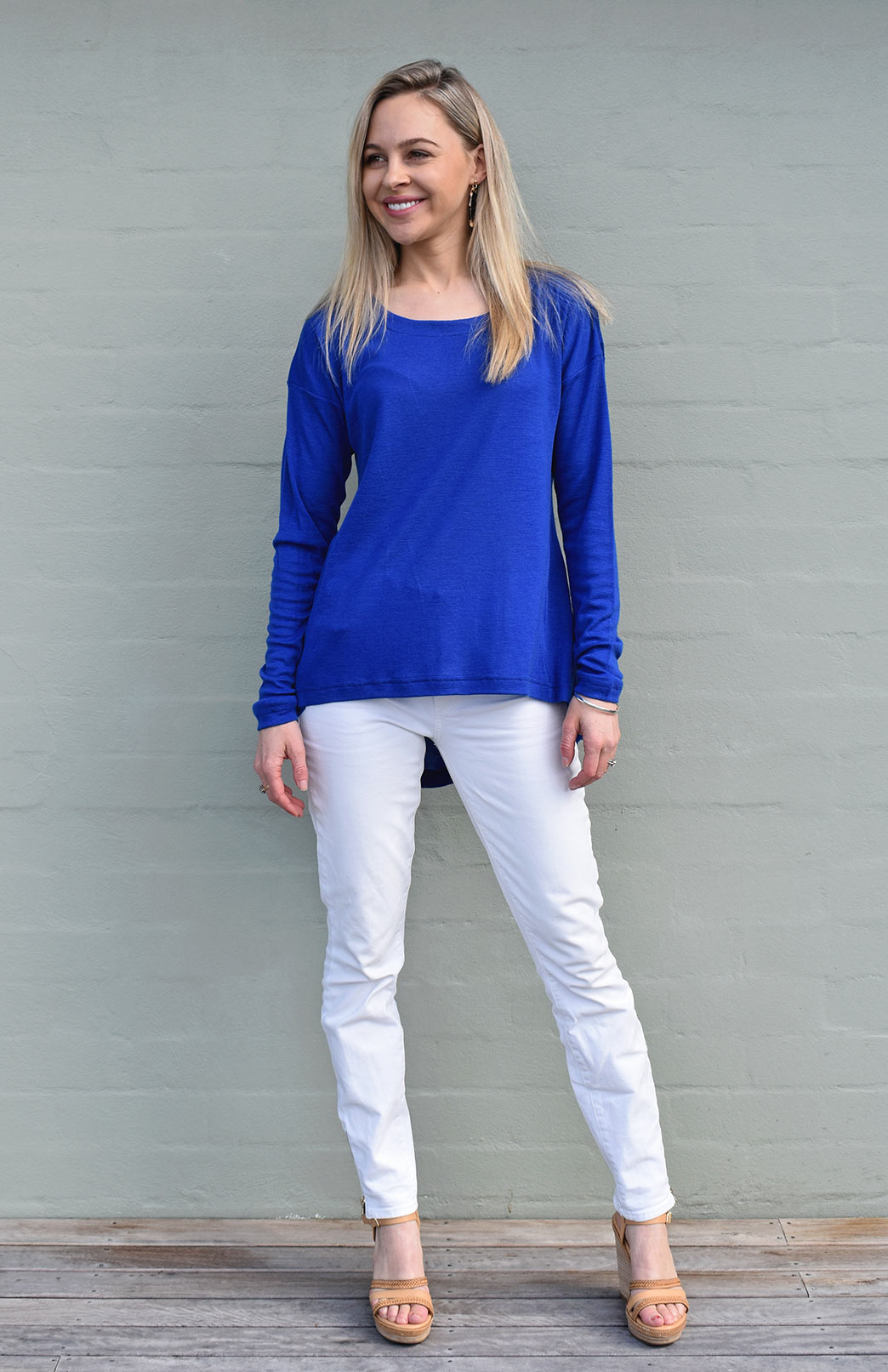 Sapphire Blue Women&#39;s Merino Wool Long Sleeve Top
