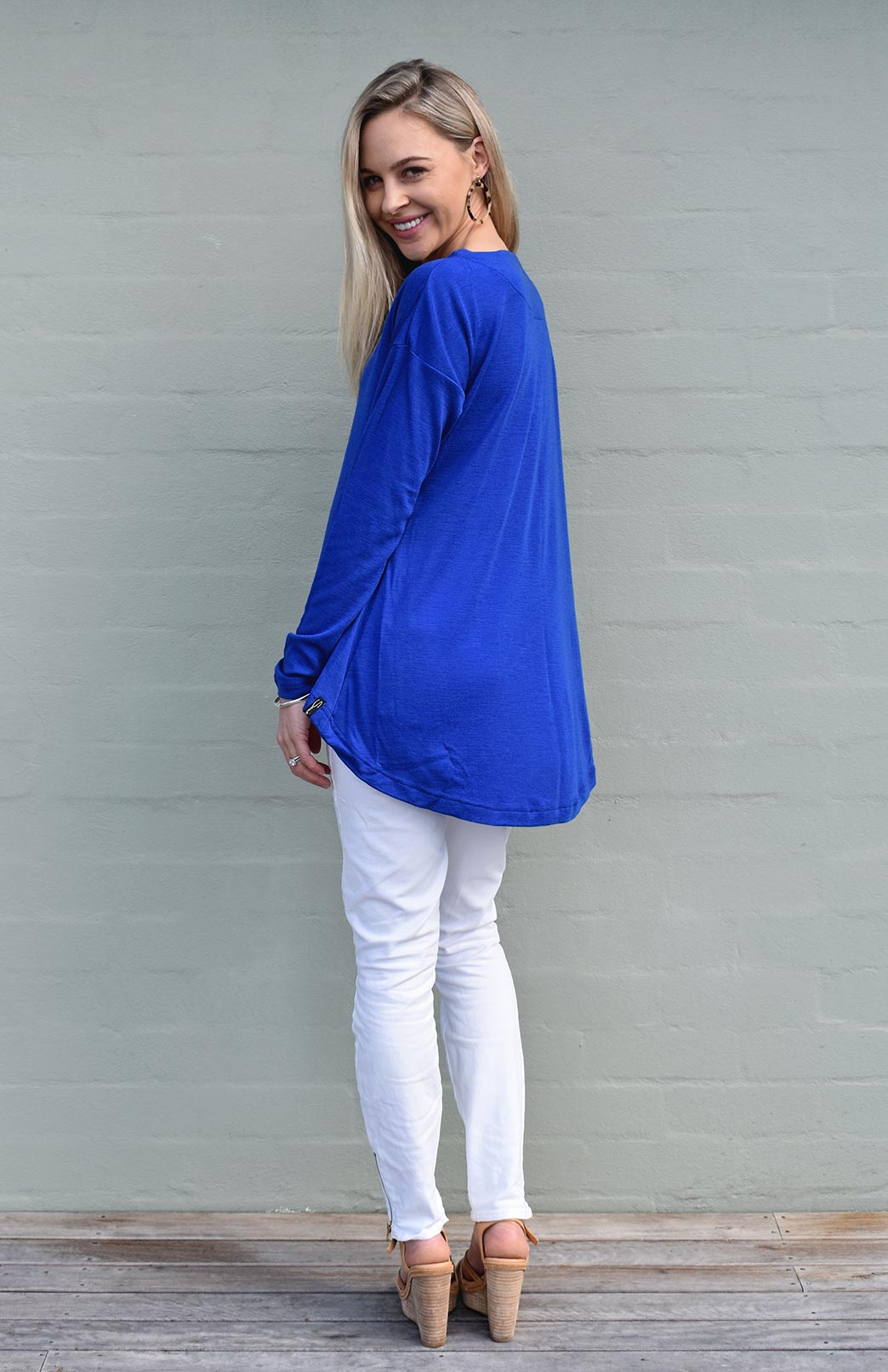 Sapphire Blue Women&#39;s Merino Wool Long Sleeve Top
