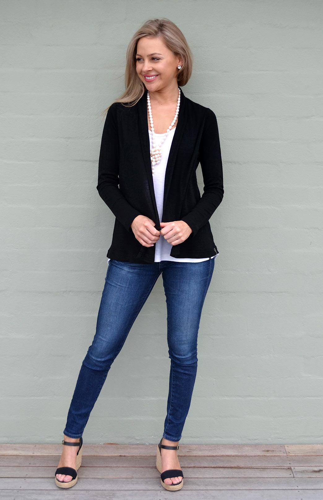 Black Women's Merino Wool Mini Drape Cardigan