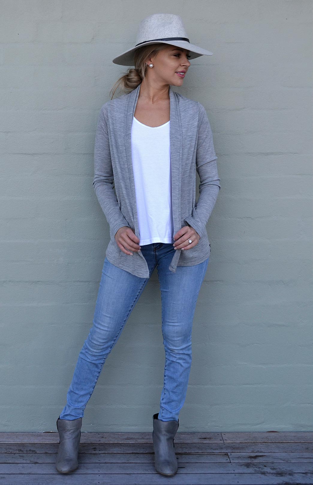 Ivory & Grey Marl Pinstripe Women&#39;s Merino Wool Mini Drape Cardigan
