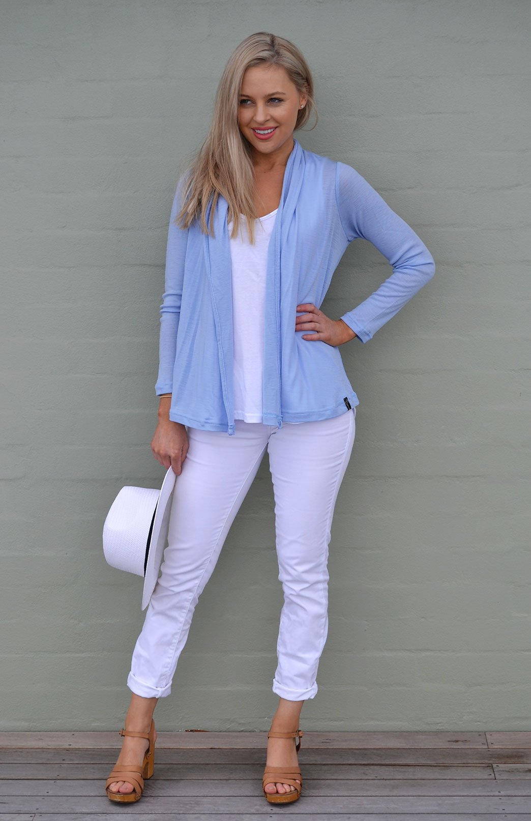 Dusty Blue Women&#39;s Merino Wool Mini Drape Cardigan
