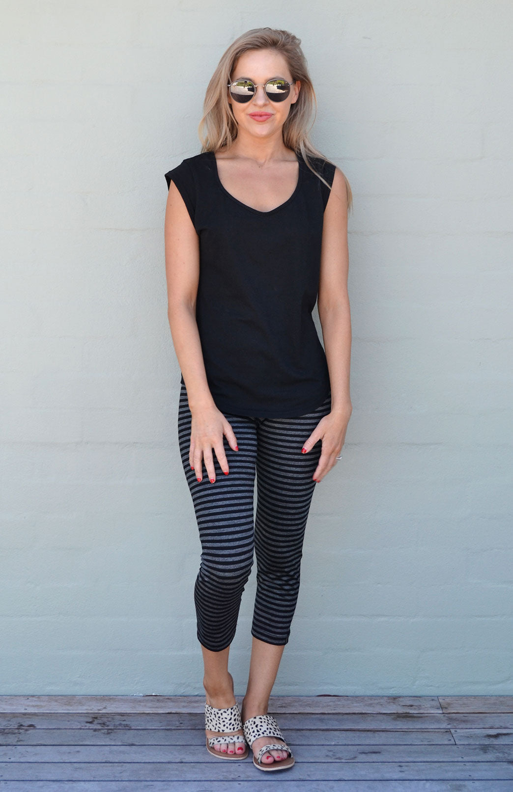 Black Grey Stripe Women's Merino Wool 7/8th Crop Leggings