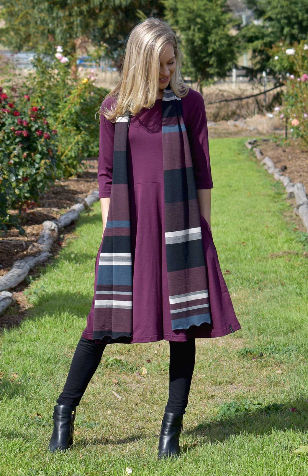 Aubergine Purple Women's Merino Wool Fit and Flare Dress with 3/4 Sleeves
