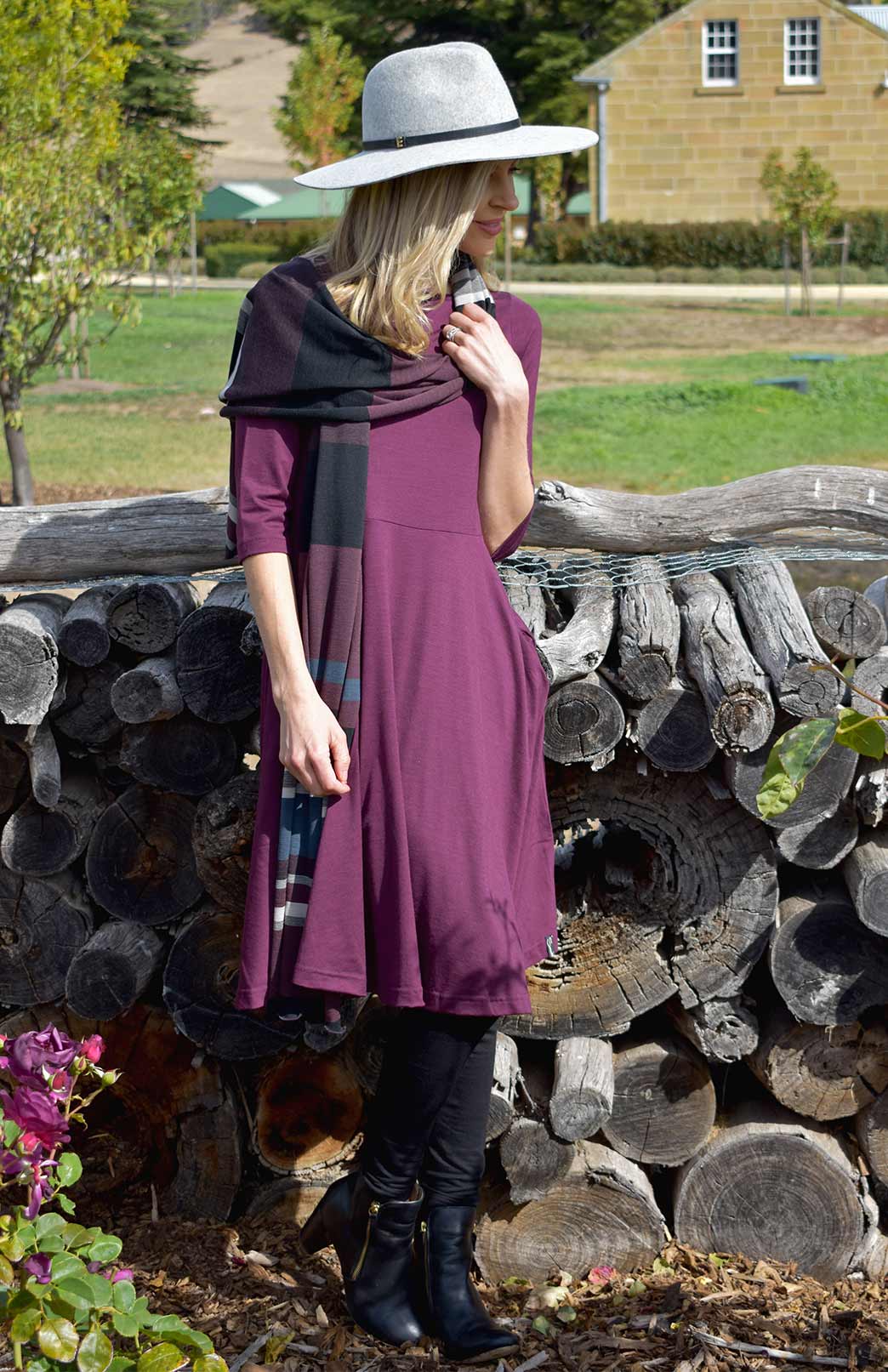 Aubergine Purple Women's Merino Wool Fit and Flare Dress with 3/4 Sleeves
