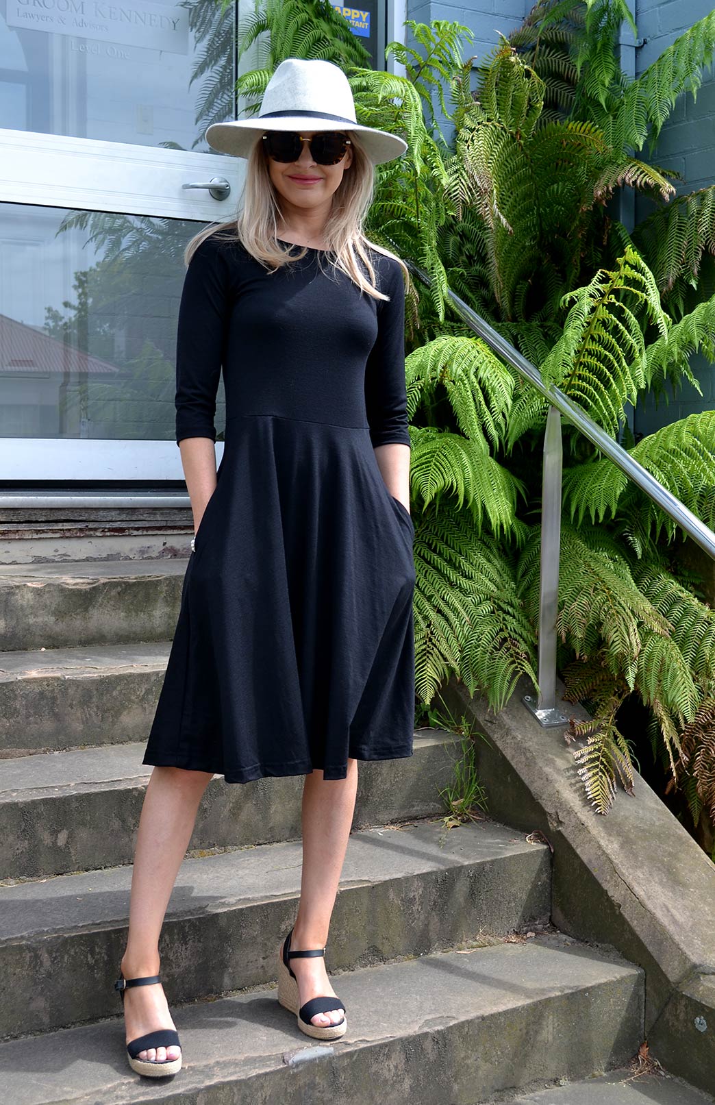 Black Women&#39;s Merino Wool Fit and Flare Dress with 3/4 Sleeves
