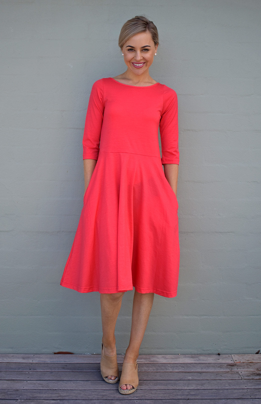 Summer Coral Women's Merino Wool Fit and Flare Dress with 3/4 Sleeves