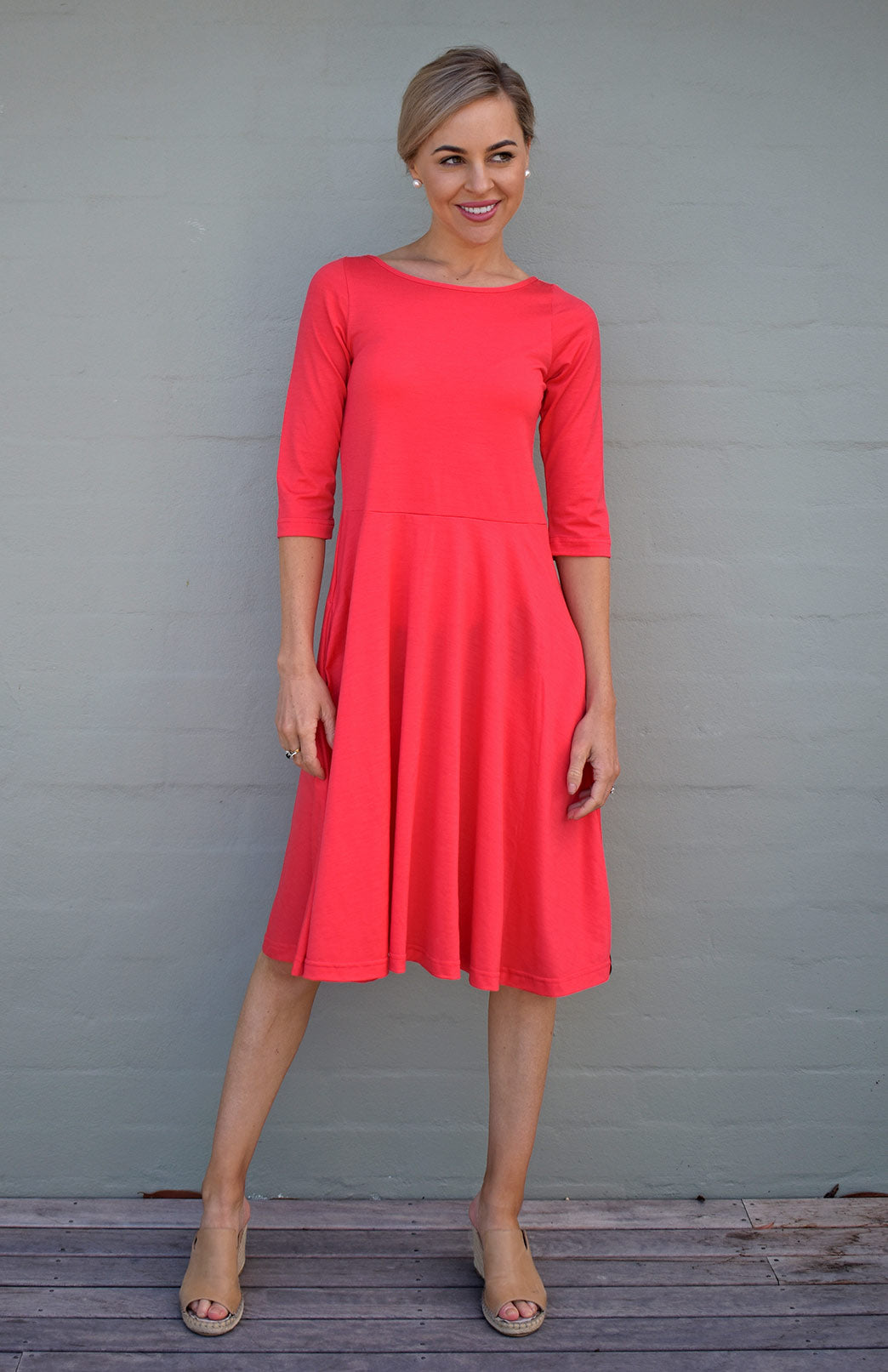 Summer Coral Women's Merino Wool Fit and Flare Dress with 3/4 Sleeves