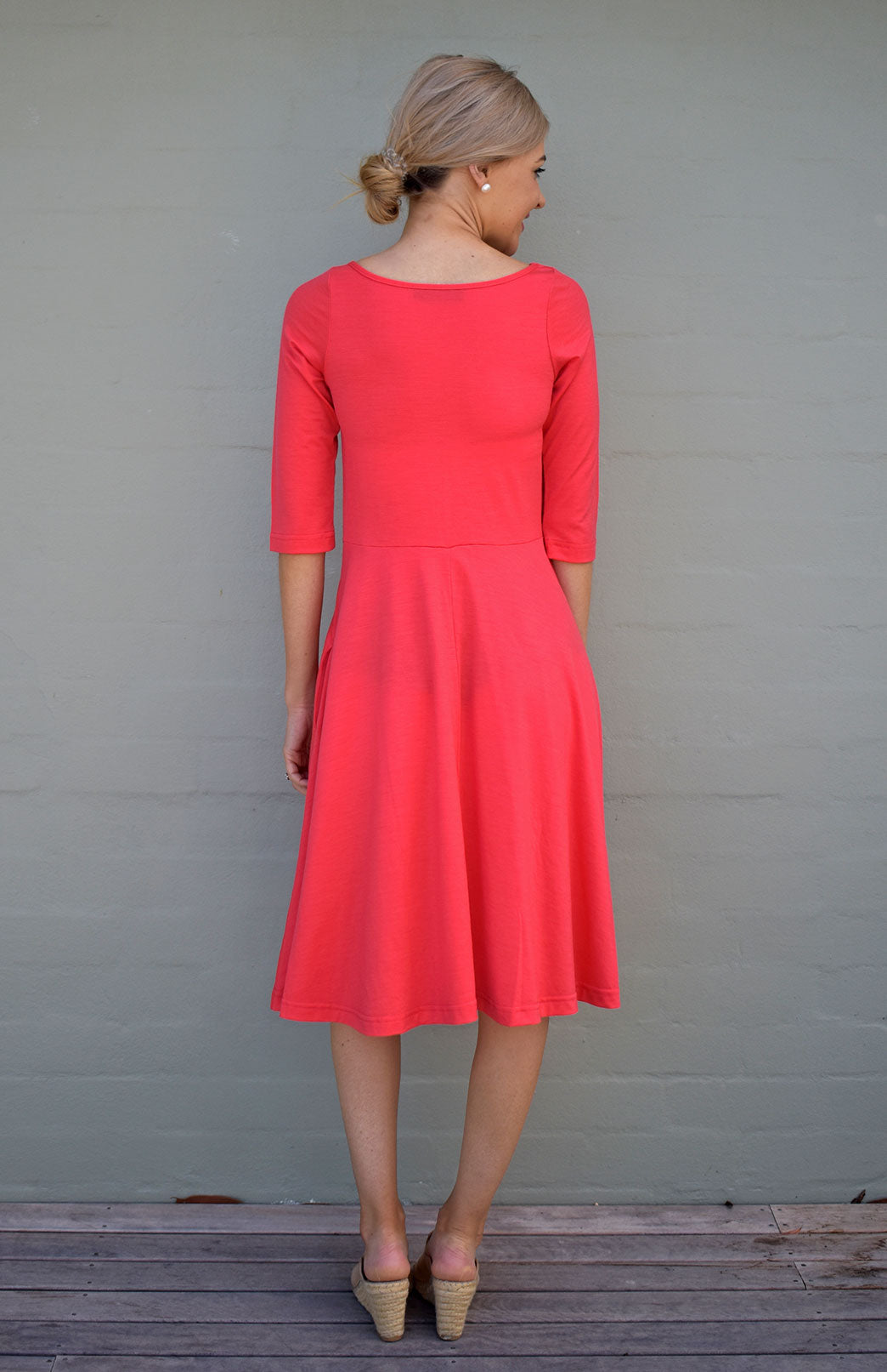Summer Coral Women's Merino Wool Fit and Flare Dress with 3/4 Sleeves