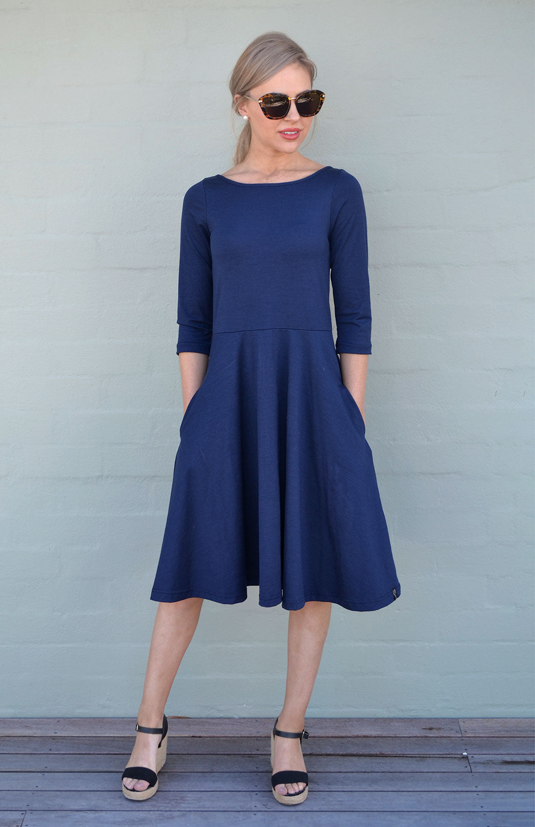 French Navy Blue Women's Merino Wool Fit and Flare Dress with 3/4 Sleeves