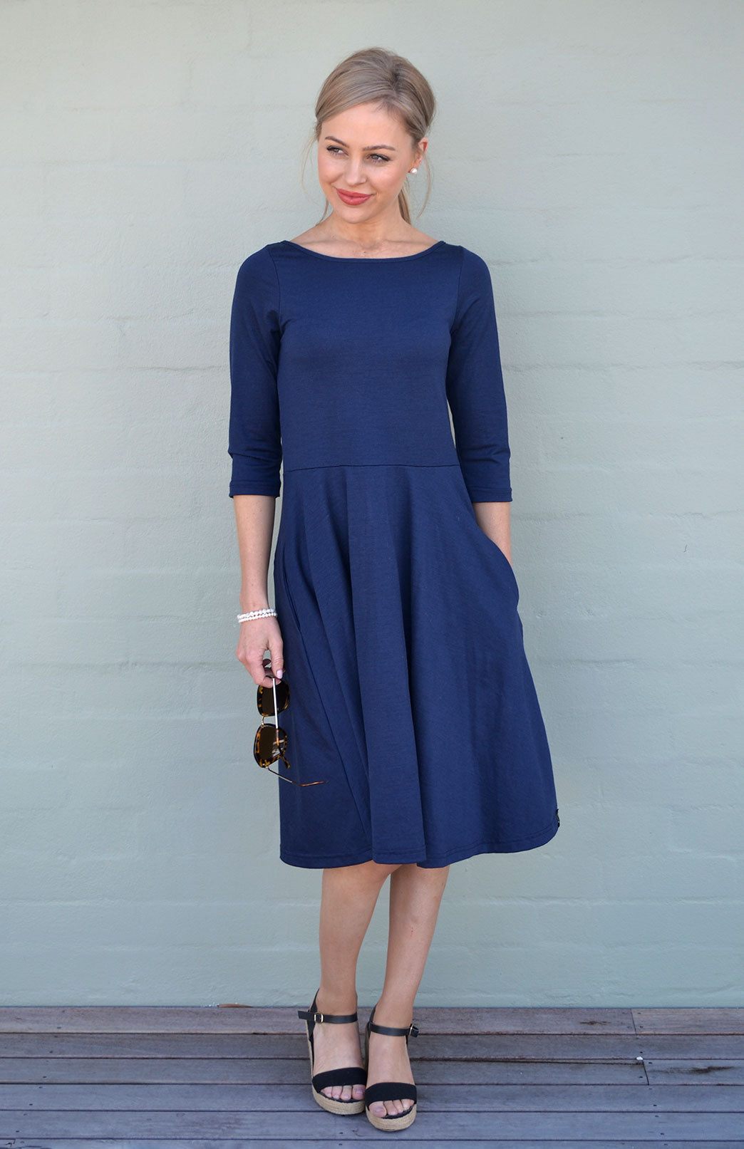 French Navy Blue Women's Merino Wool Fit and Flare Dress with 3/4 Sleeves