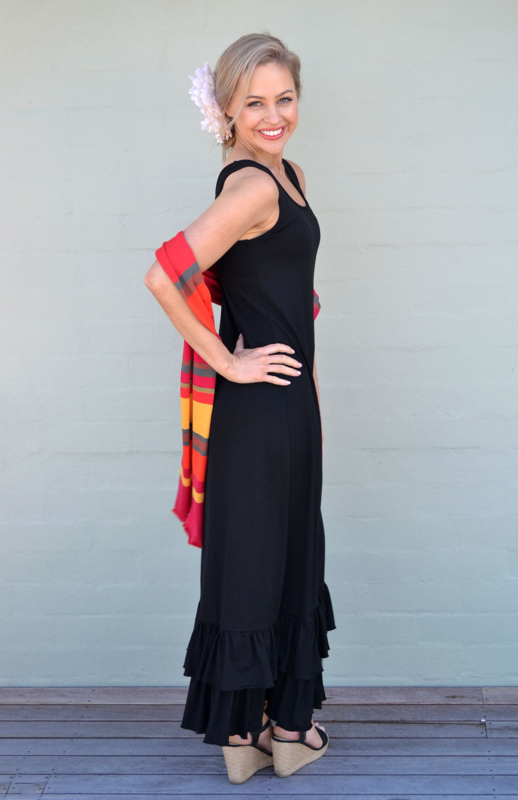 Black Women's Merino Wool Maxi Dress with Ruffled Hem
