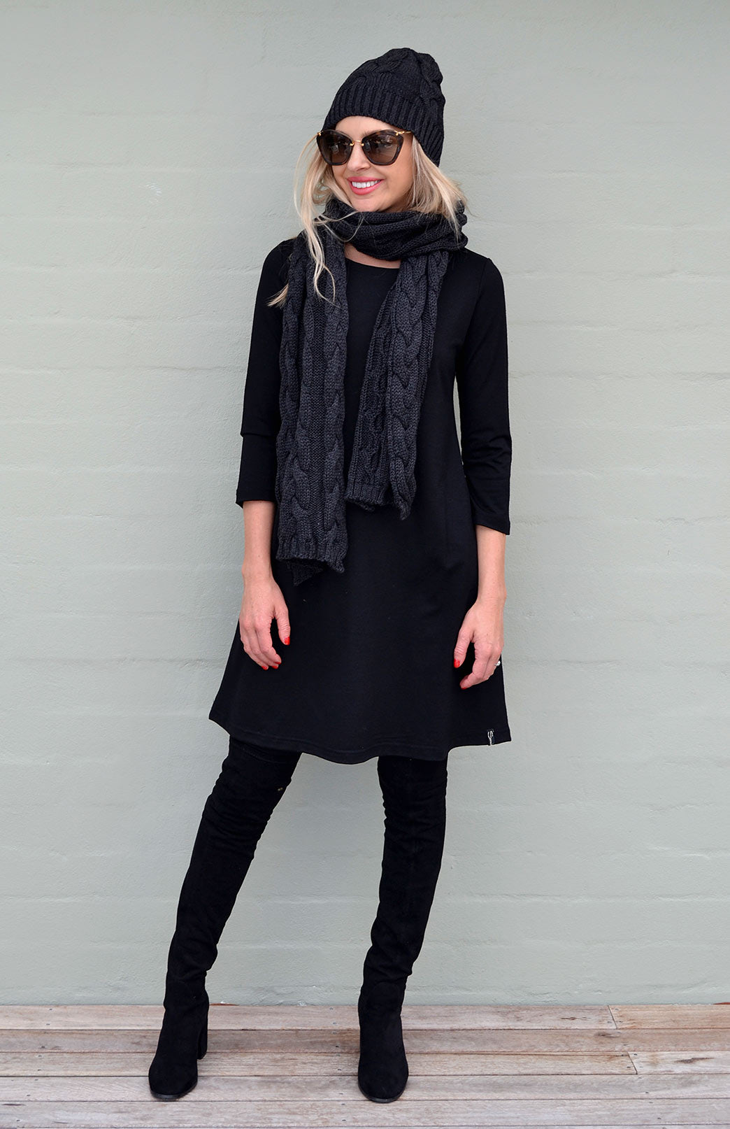 Black Women's Merino Wool Swing Dress
