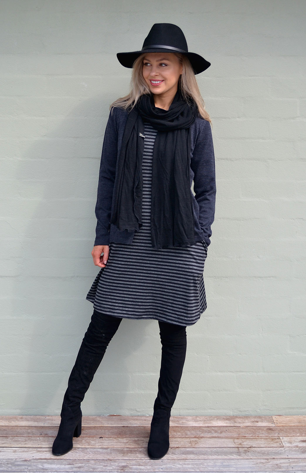 Black Grey Stripe Women's Merino Wool Swing Dress