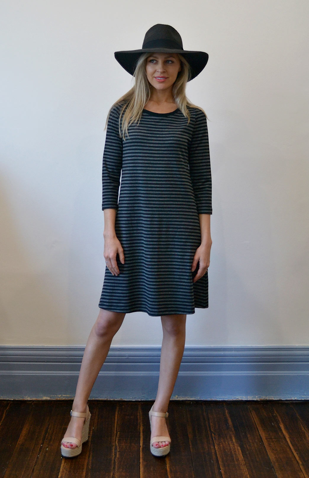 Black Grey Stripe Women's Merino Wool Swing Dress