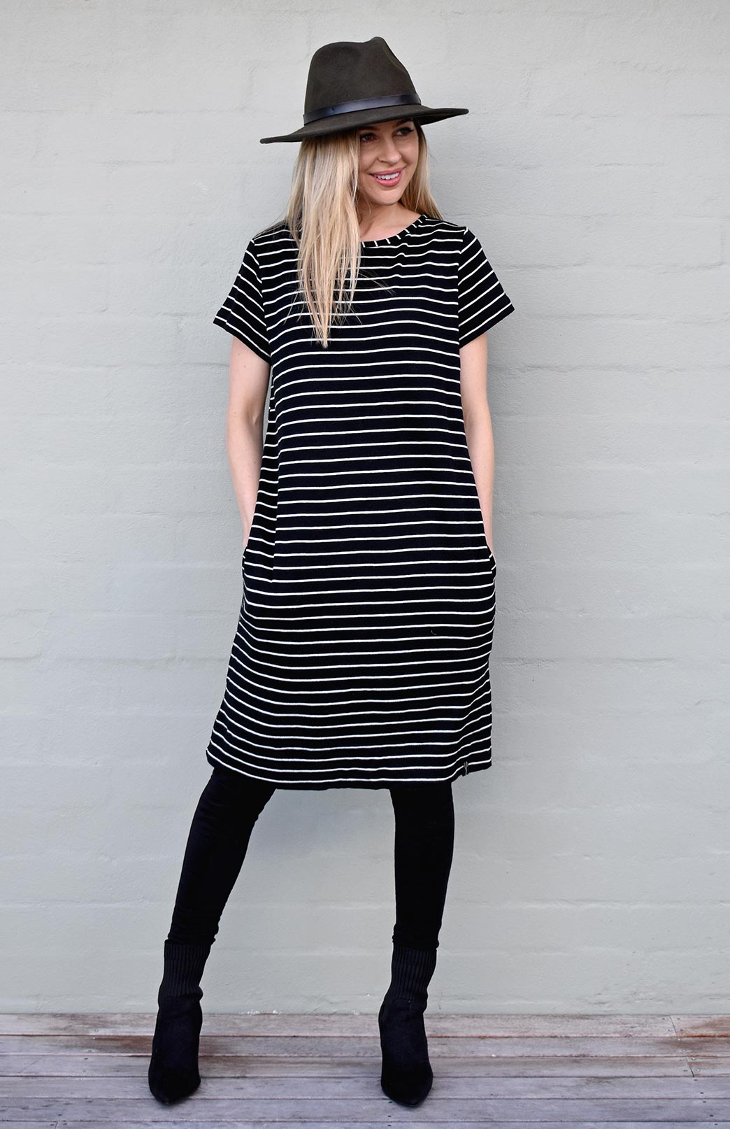 Black with White Stripe Women's Merino Wool Shift Dress with Short Sleeves