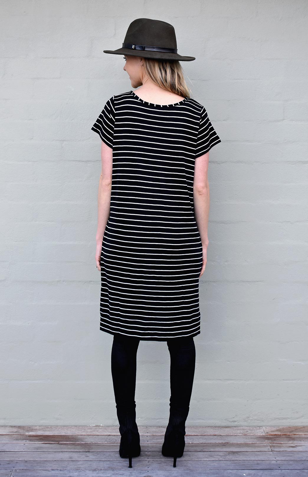 Black with White Stripe Women's Merino Wool Shift Dress with Short Sleeves