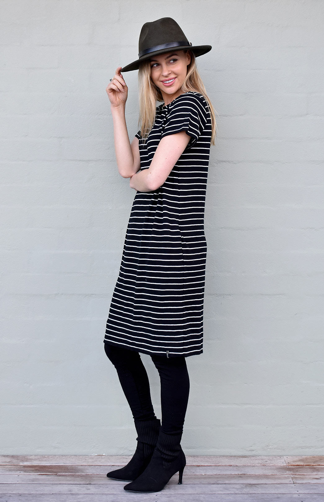 Black with White Stripe Women's Merino Wool Shift Dress with Short Sleeves