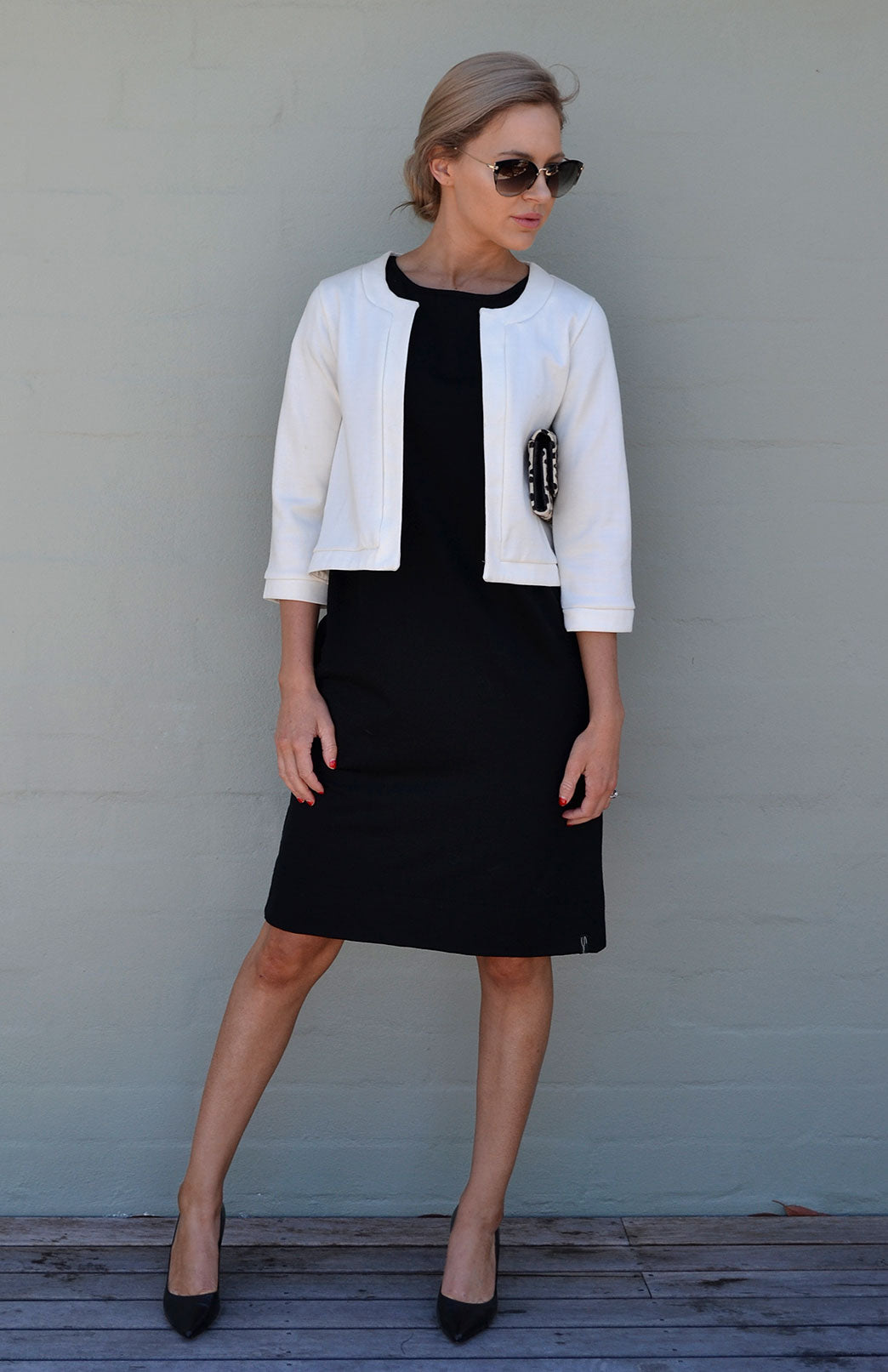 Black Women's Merino Wool Shift Dress with Short Sleeves