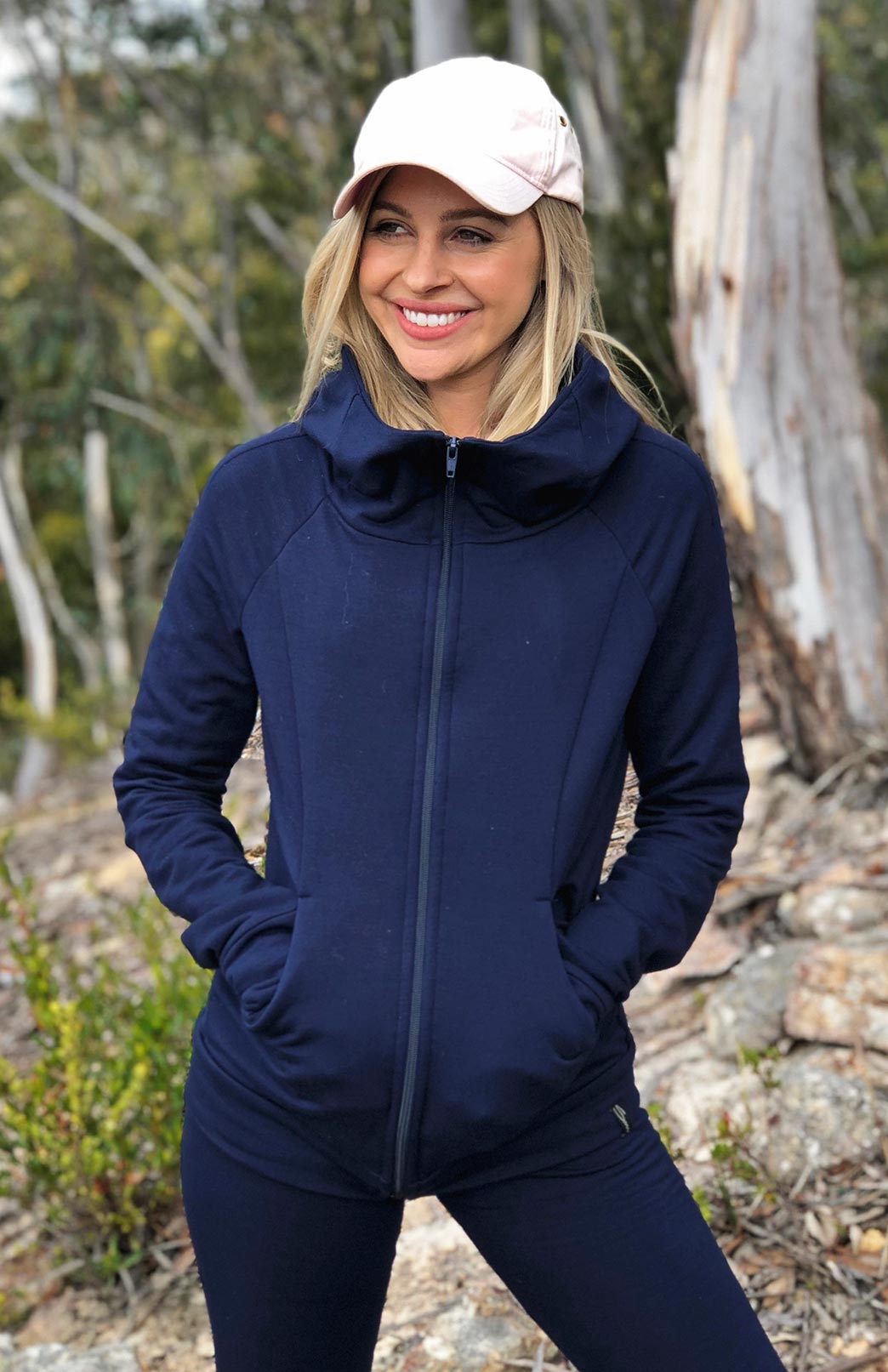 French Navy Blue Women's Merino Wool and Modal Fitted Zip Jacket with Hood