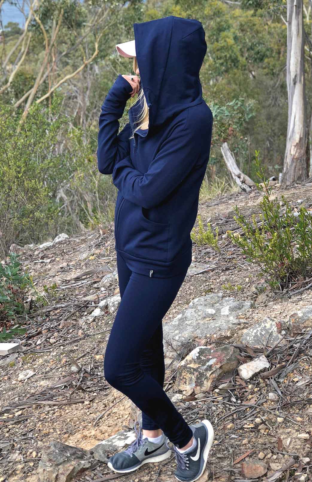 French Navy Blue Women's Merino Wool Fleece Zip Jacket with Hood and pockets